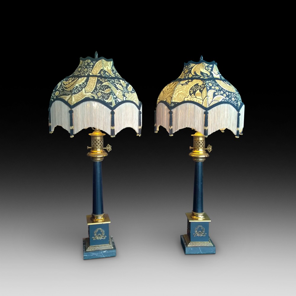 Pair of American brass and marble lamps