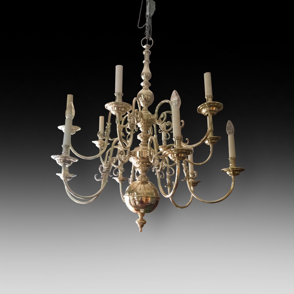 Dutch 1930's Brass Twelve Branch Chandelier