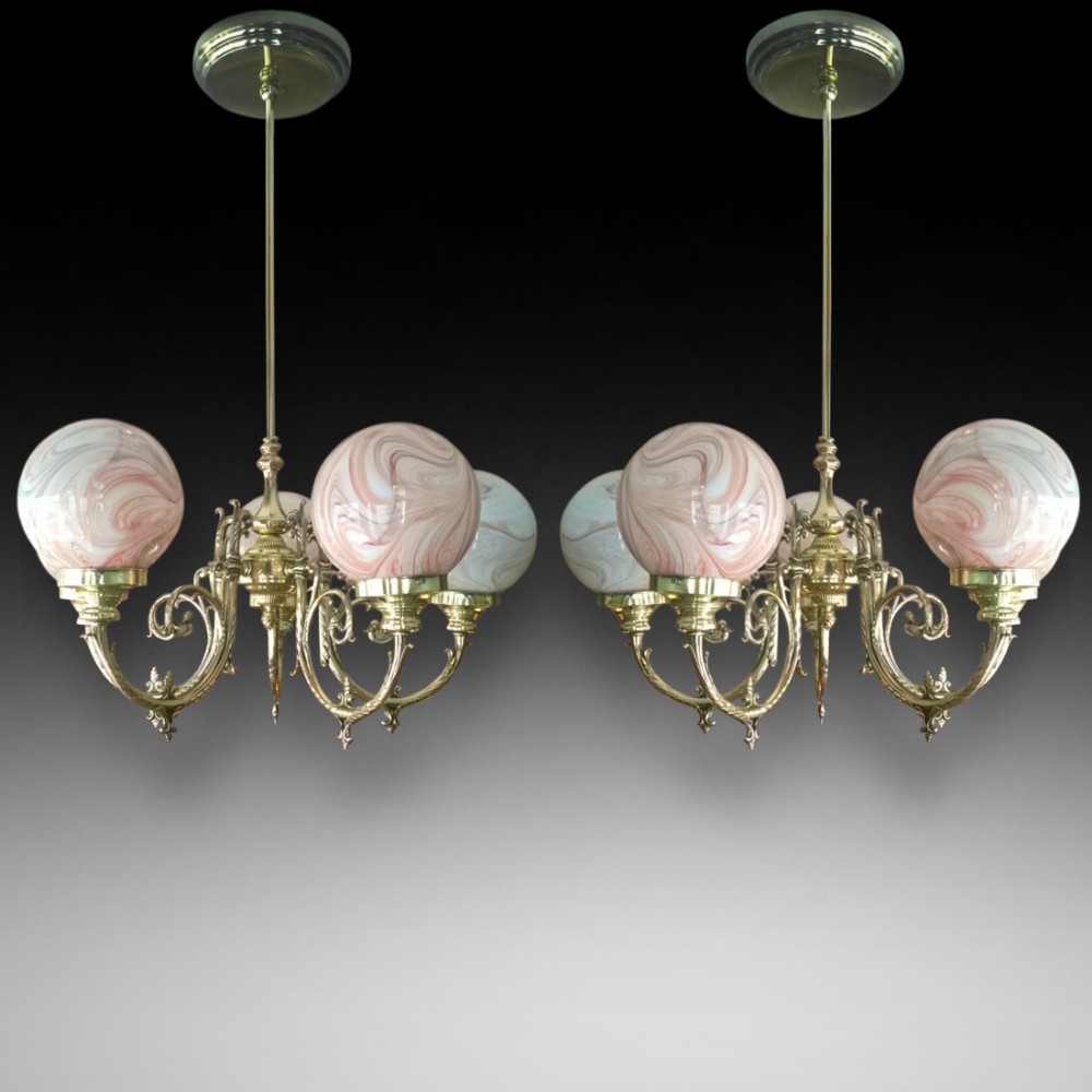 Pair of Edwardian Brass 5 Arm Chadeliers