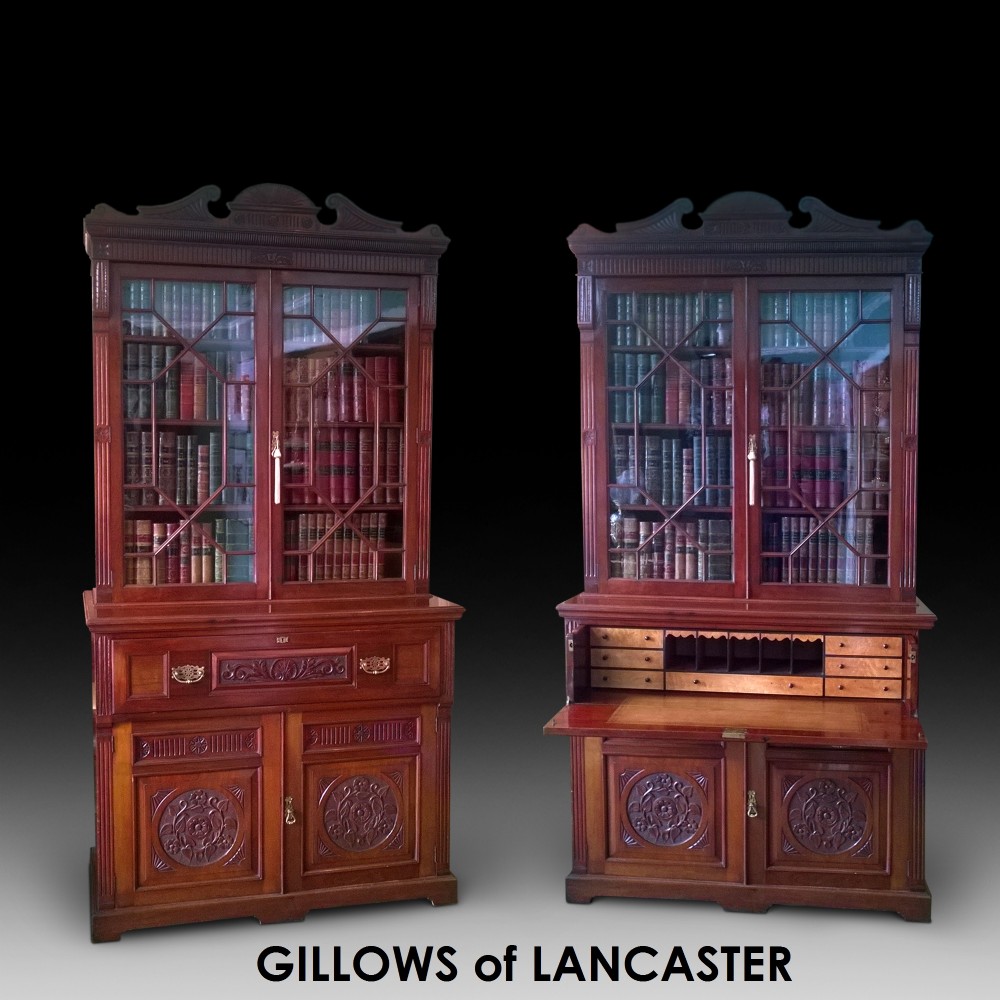 Pair of late 19thC walnut Gillows secretaire cupboard bookcases