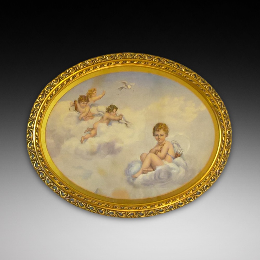 Edwardian Giltwood Oval Frame with a Watercolour of Cherubs