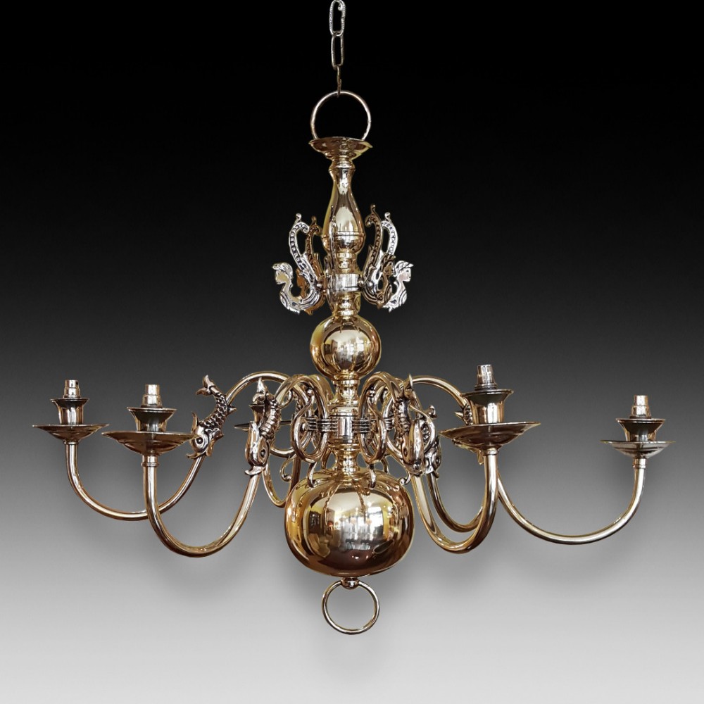 1930's Dutch 6 Arm Brass Chandelier 