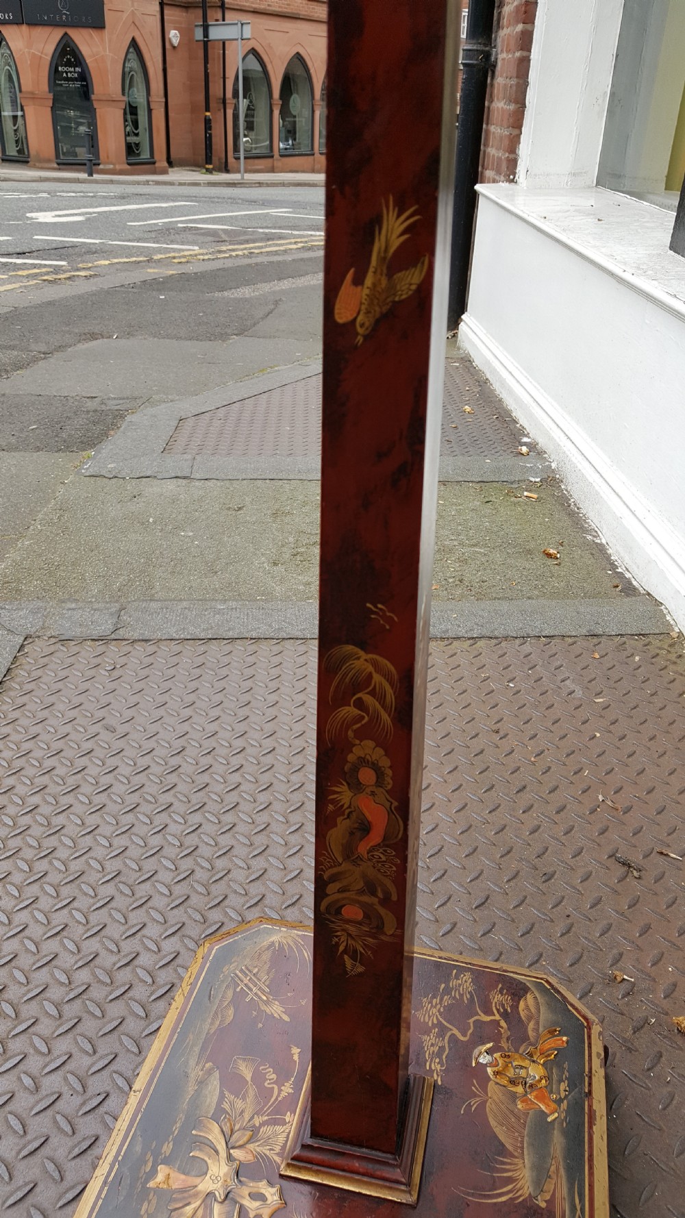 Chinoiserie red lacquered standard lamp View II