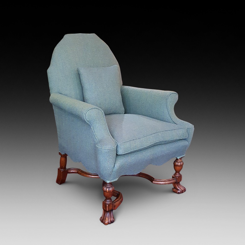 Edwardian Mahogany Armchair upholstered in Harris Tweed