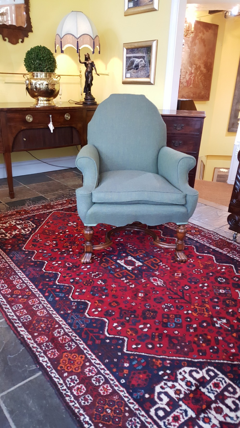 Edwardian Mahogany Armchair upholstered in Harris Tweed View II