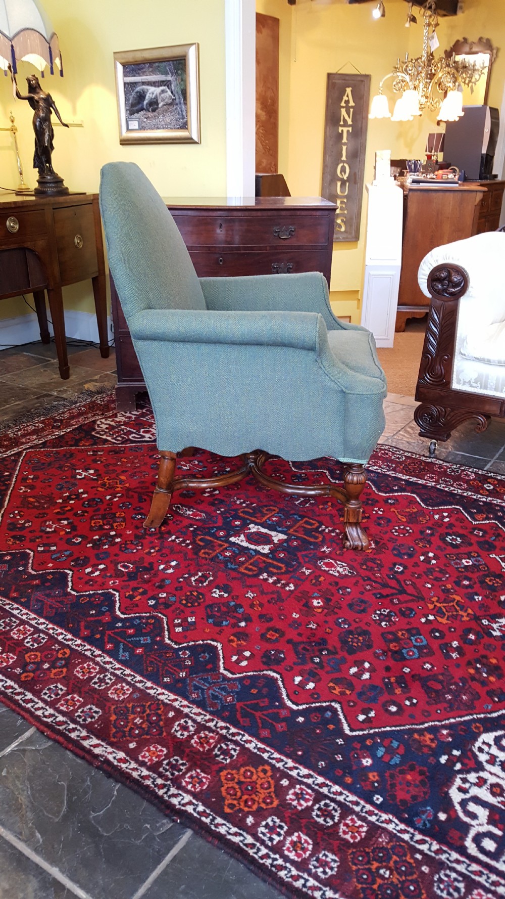 Edwardian Mahogany Armchair upholstered in Harris Tweed View III