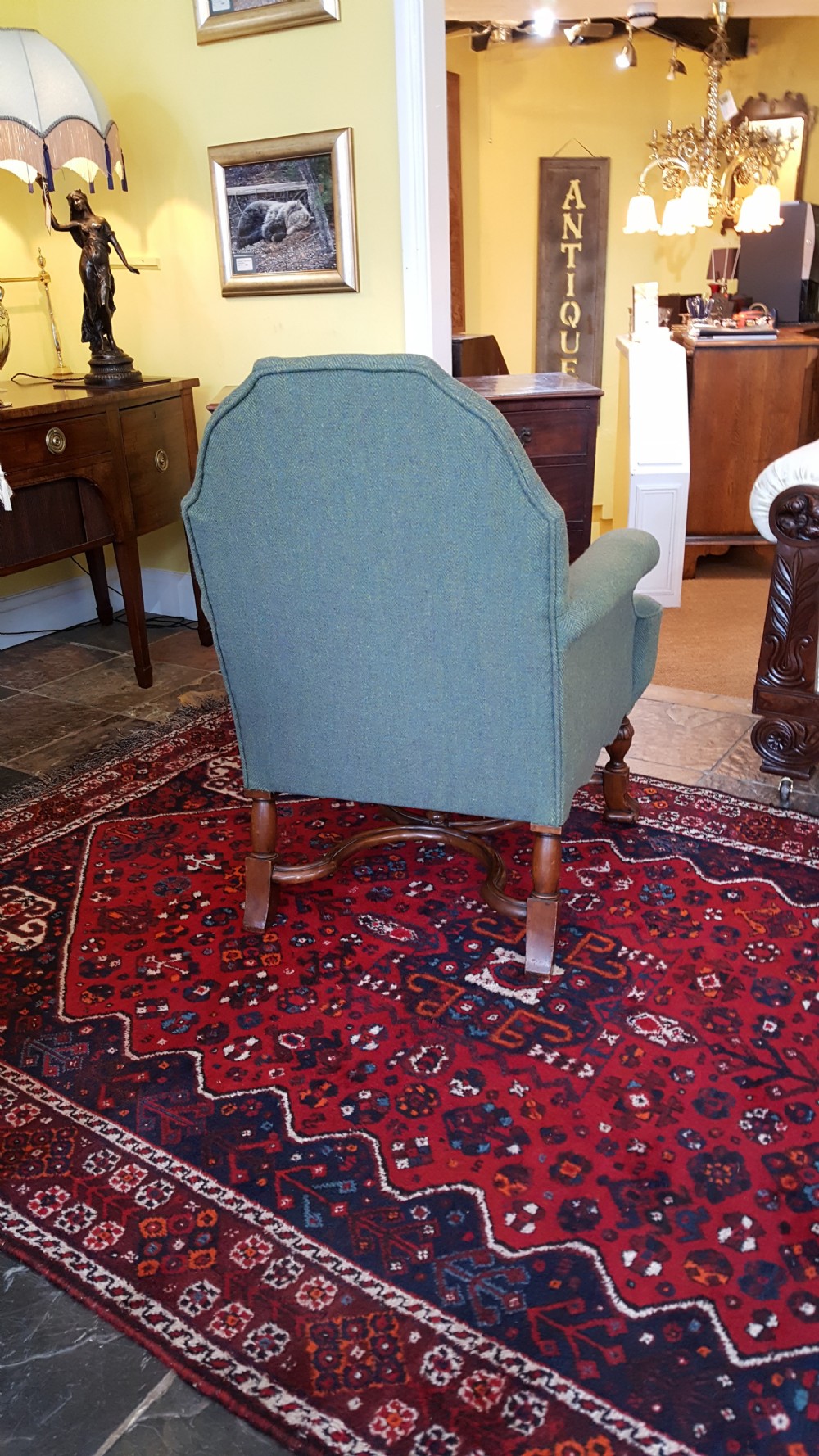 Edwardian Mahogany Armchair upholstered in Harris Tweed View IV