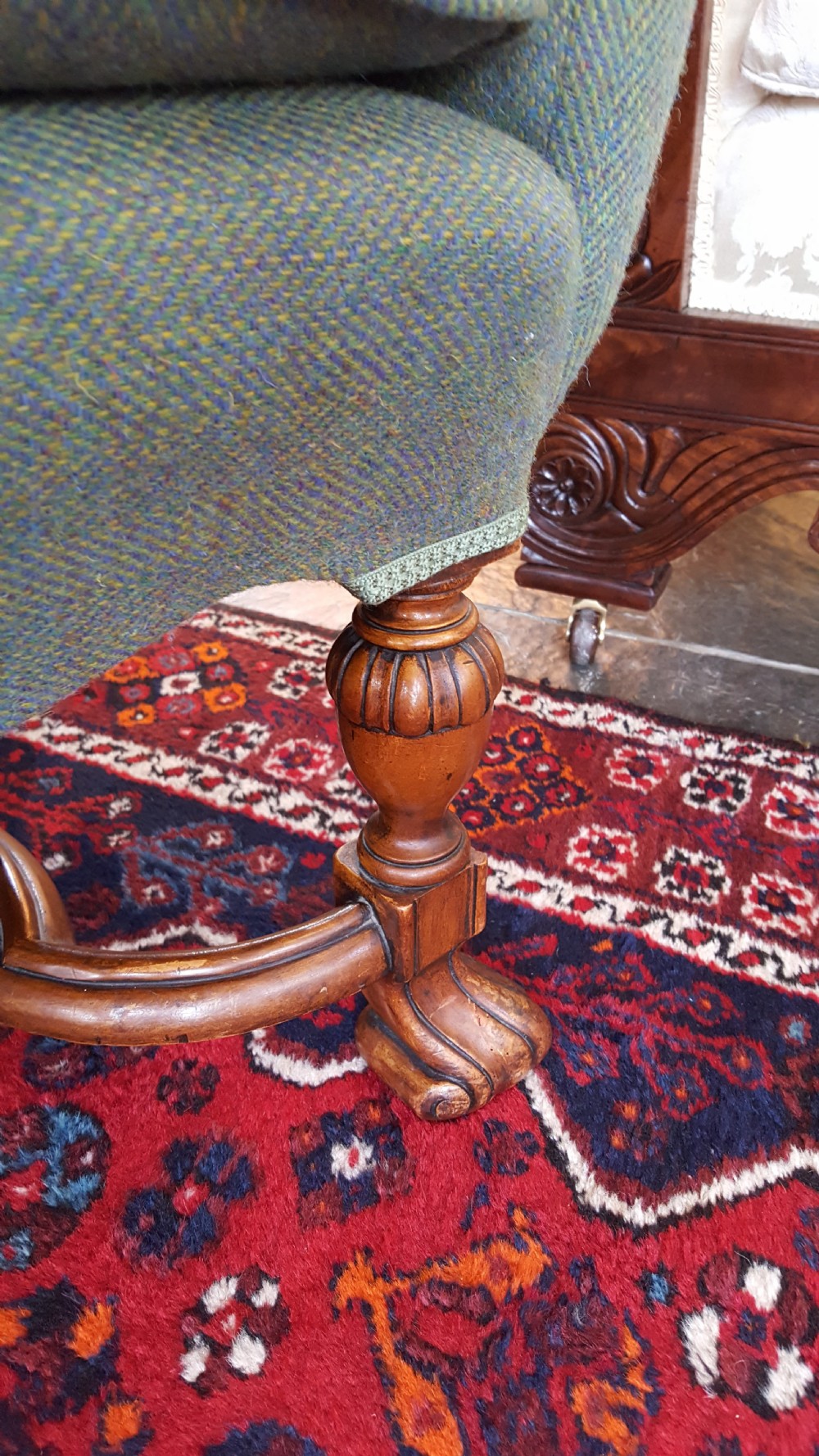 Edwardian Mahogany Armchair upholstered in Harris Tweed View VII
