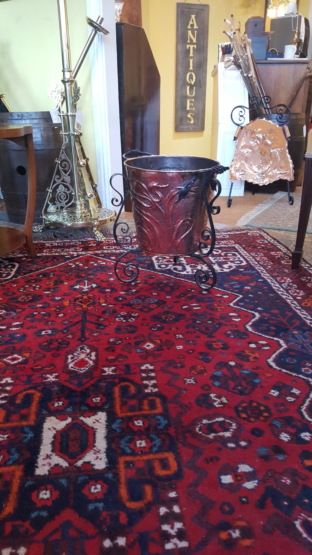 Arts and Crafts copper and wrought iron coal bucket View II