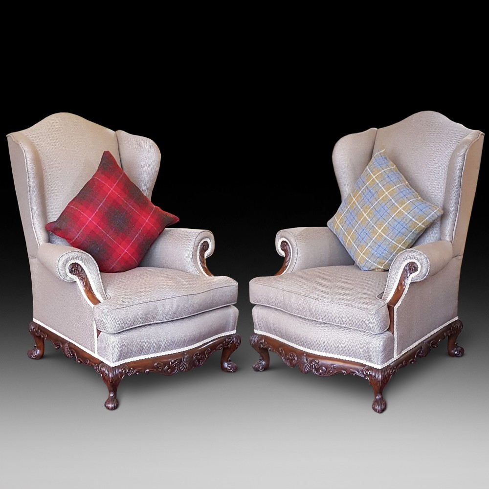 Pair of 1920's Mahogany Framed Wing Armchairs