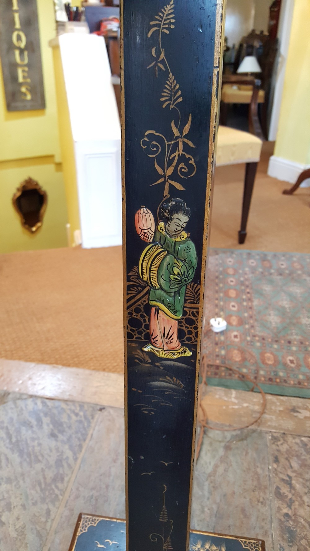 Chinoiserie Black Lacquered and Painted Standard Lamp View II