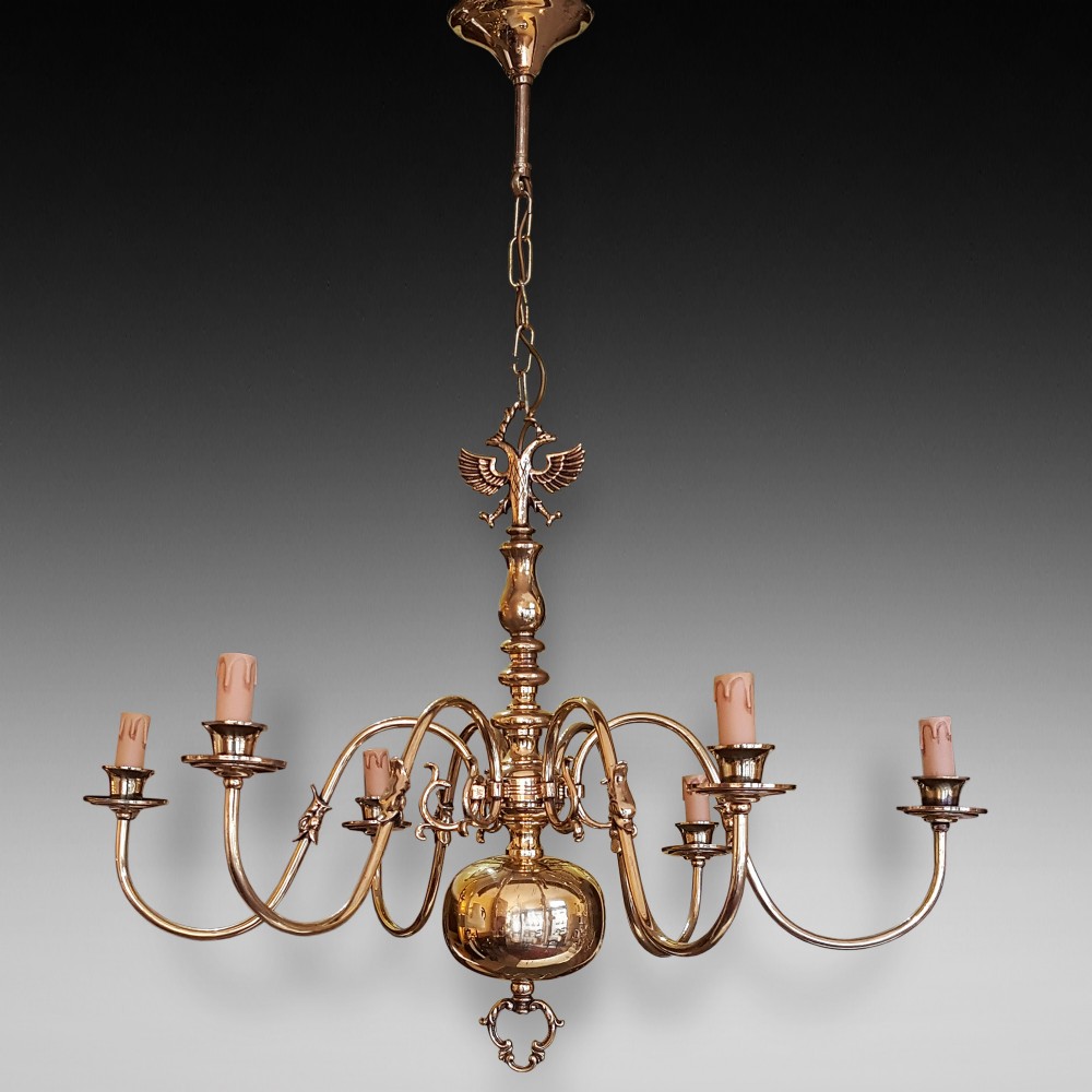 Dutch brass six branch chandelier