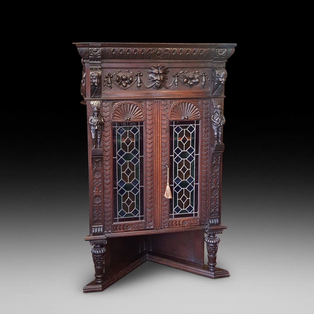 Late19thC Flemish Carved Oak Corner Cabinet