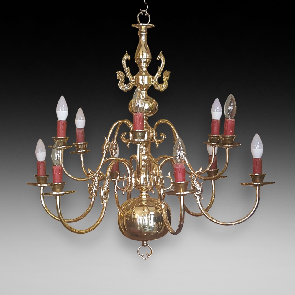 1930's Dutch Brass 12 Arm Chandelier