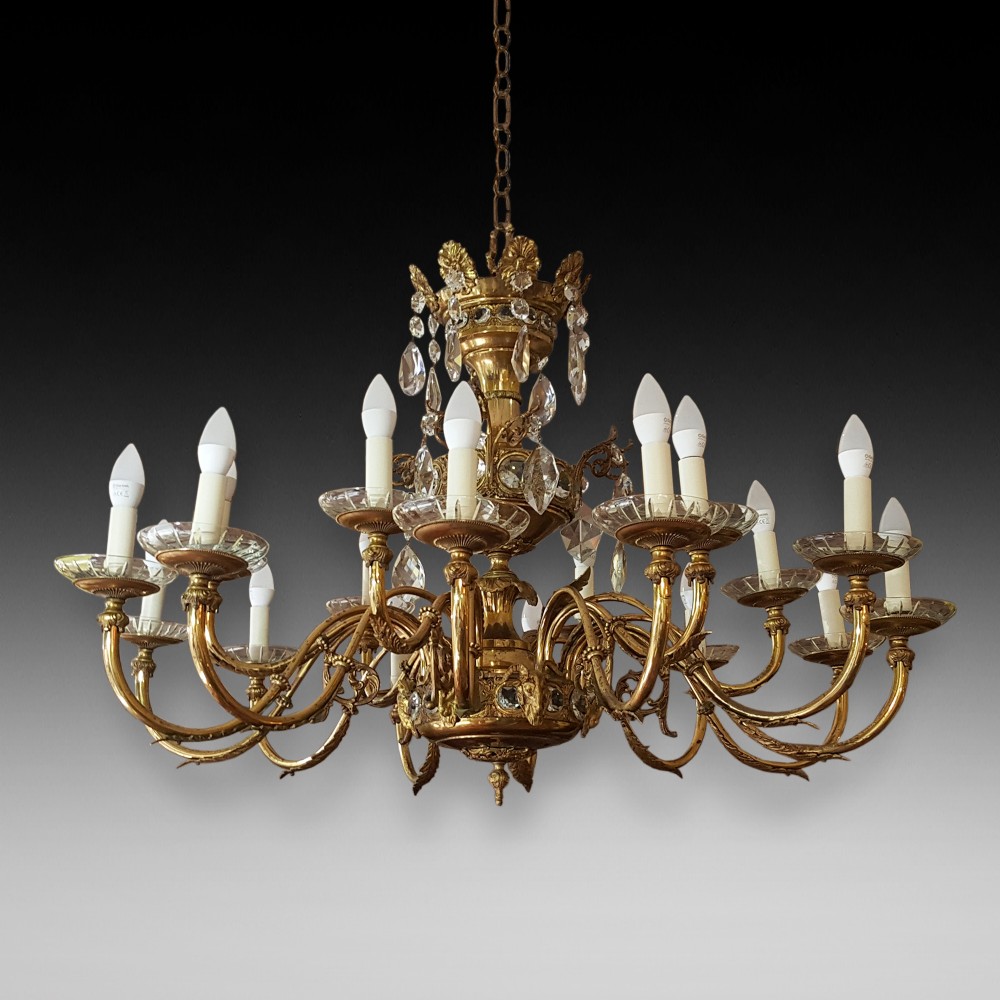  Early 20thC 18 Light Brass and Crystal Chandelier
