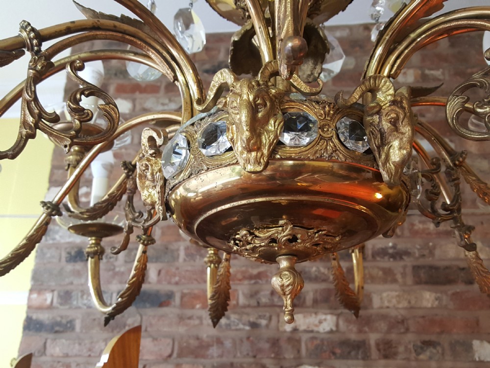  Early 20thC 18 Light Brass and Crystal Chandelier View II