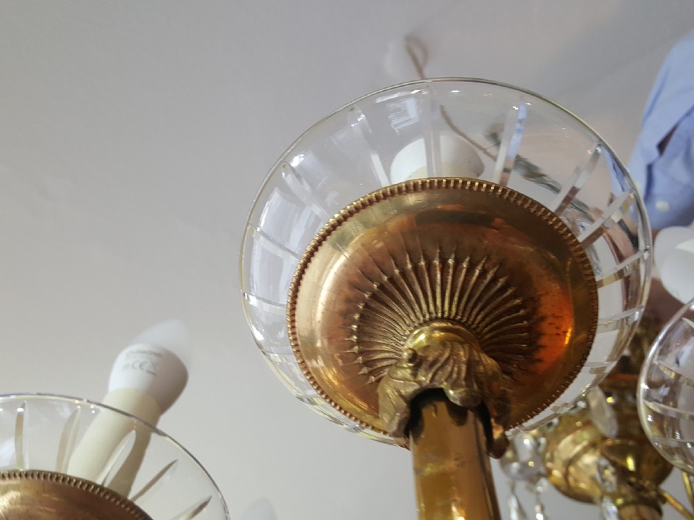 Early 20thC 18 Light Brass and Crystal Chandelier View III
