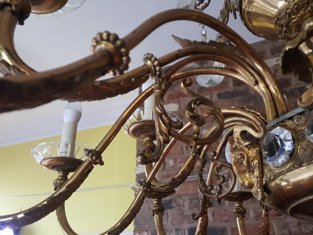  Early 20thC 18 Light Brass and Crystal Chandelier View IV