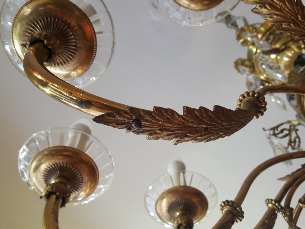  Early 20thC 18 Light Brass and Crystal Chandelier View V