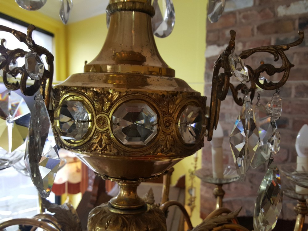  Early 20thC 18 Light Brass and Crystal Chandelier View VI