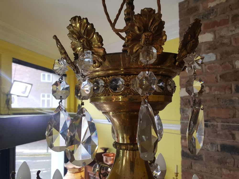  Early 20thC 18 Light Brass and Crystal Chandelier View VII