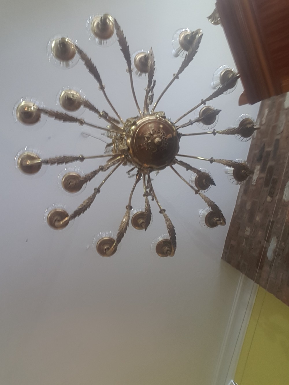  Early 20thC 18 Light Brass and Crystal Chandelier View VIII