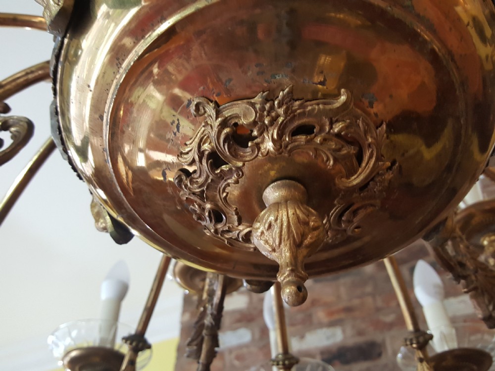  Early 20thC 18 Light Brass and Crystal Chandelier View IX