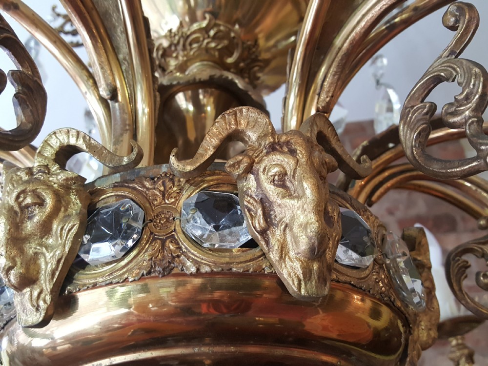  Early 20thC 18 Light Brass and Crystal Chandelier View X