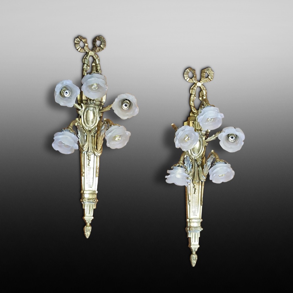 Large Pair of Cast Brass Five Light Wall Sconces