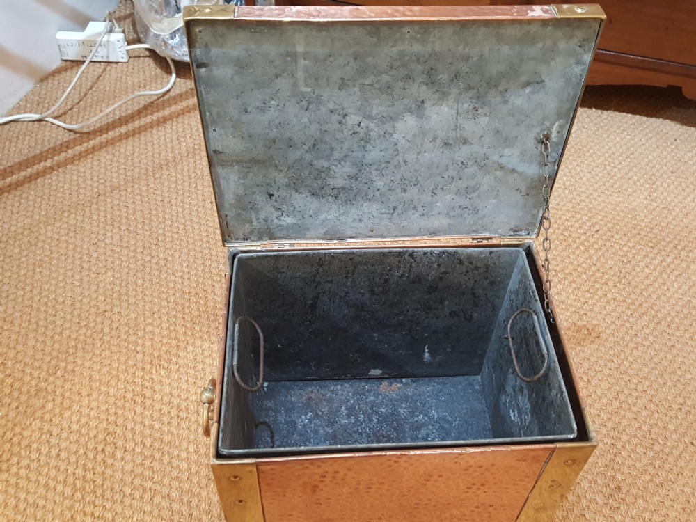 Arts and Crafts Beaten Copper and Brass Lidded Kindling Box View III