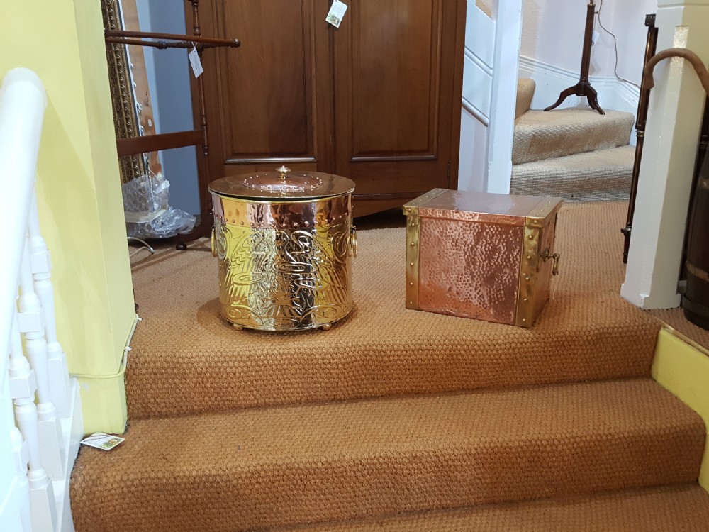 Arts and Crafts Beaten Copper and Brass Lidded Kindling Box View IV