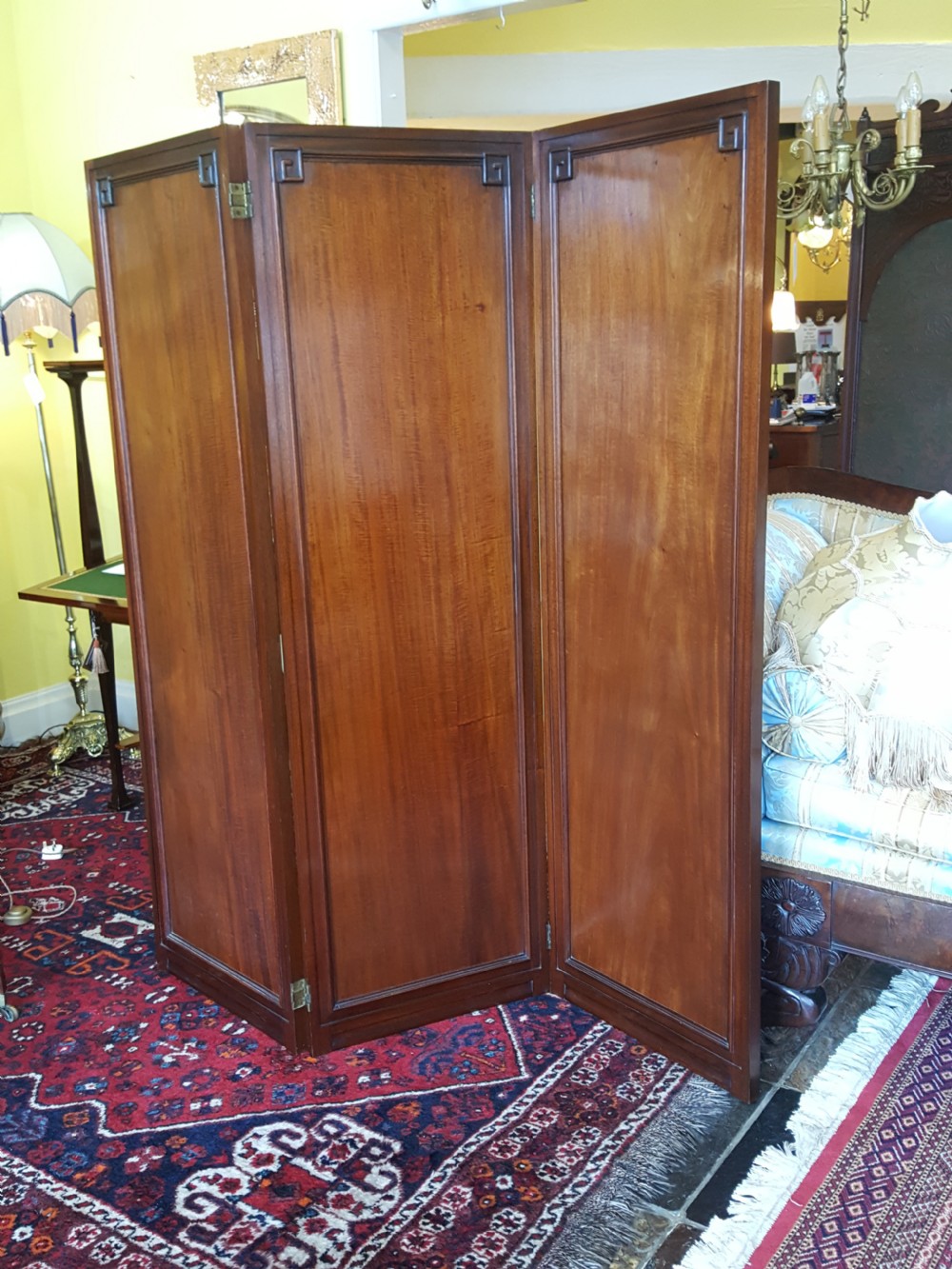 Victorian figured mahogany three fold screen View VI