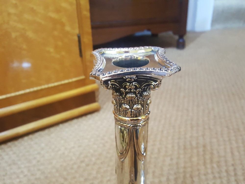Pair of early 19thC plated Corinthian column candlesticks View II