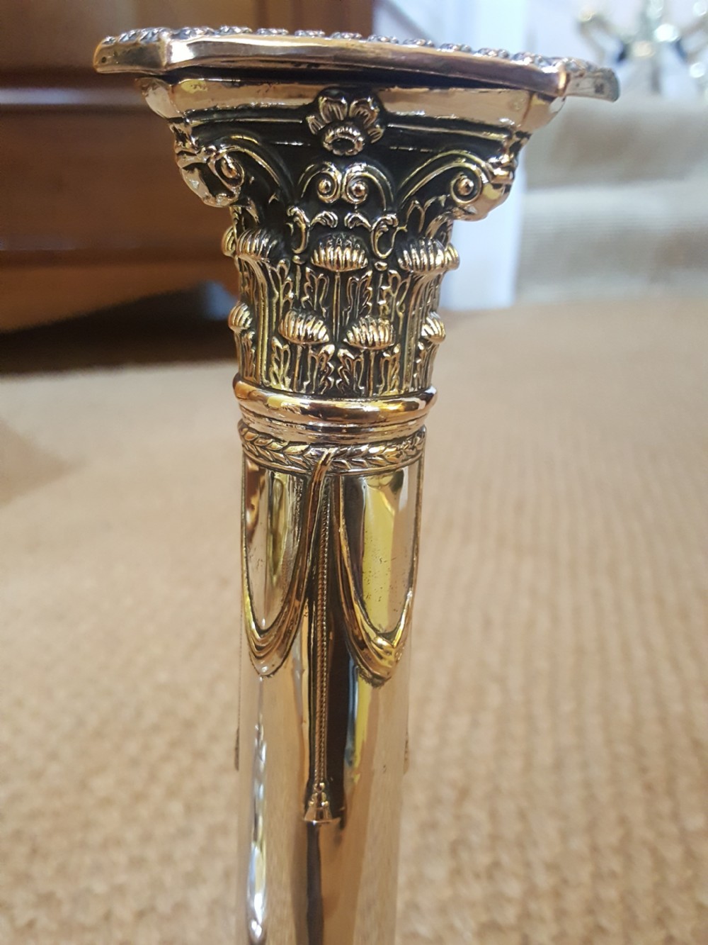 Pair of early 19thC plated Corinthian column candlesticks View III
