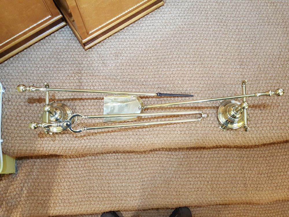 Set of 1920's Brass Fire Irons with Dogs View III