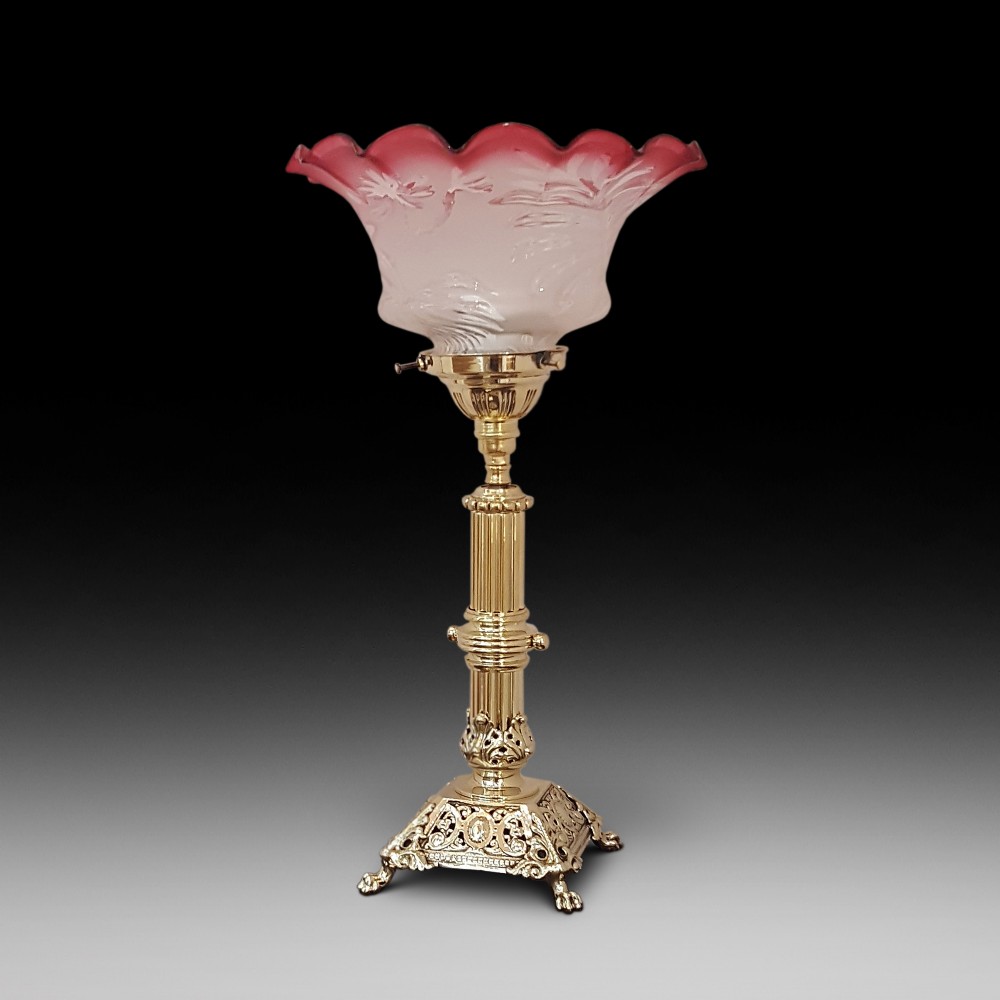 Late 19th Century Brass and Cranberry Glass Oil Lamp