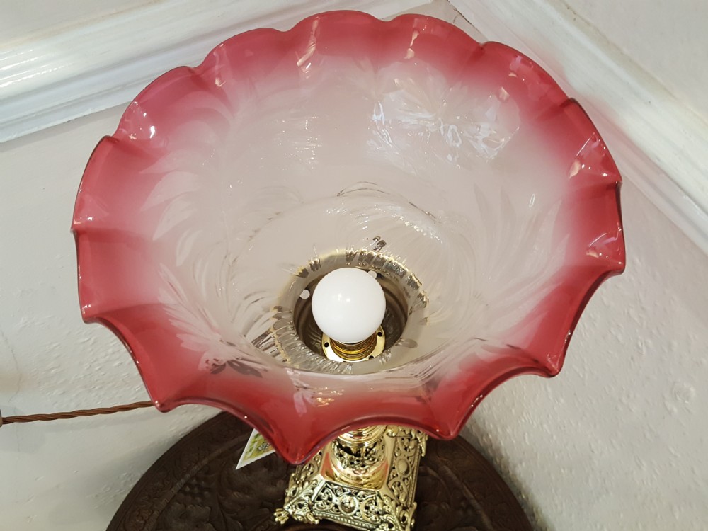 Late 19th Century Brass and Cranberry Glass Oil Lamp View V