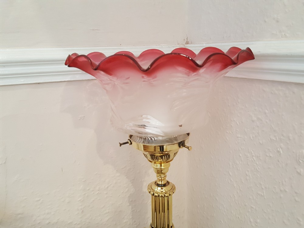 Late 19th Century Brass and Cranberry Glass Oil Lamp View VI