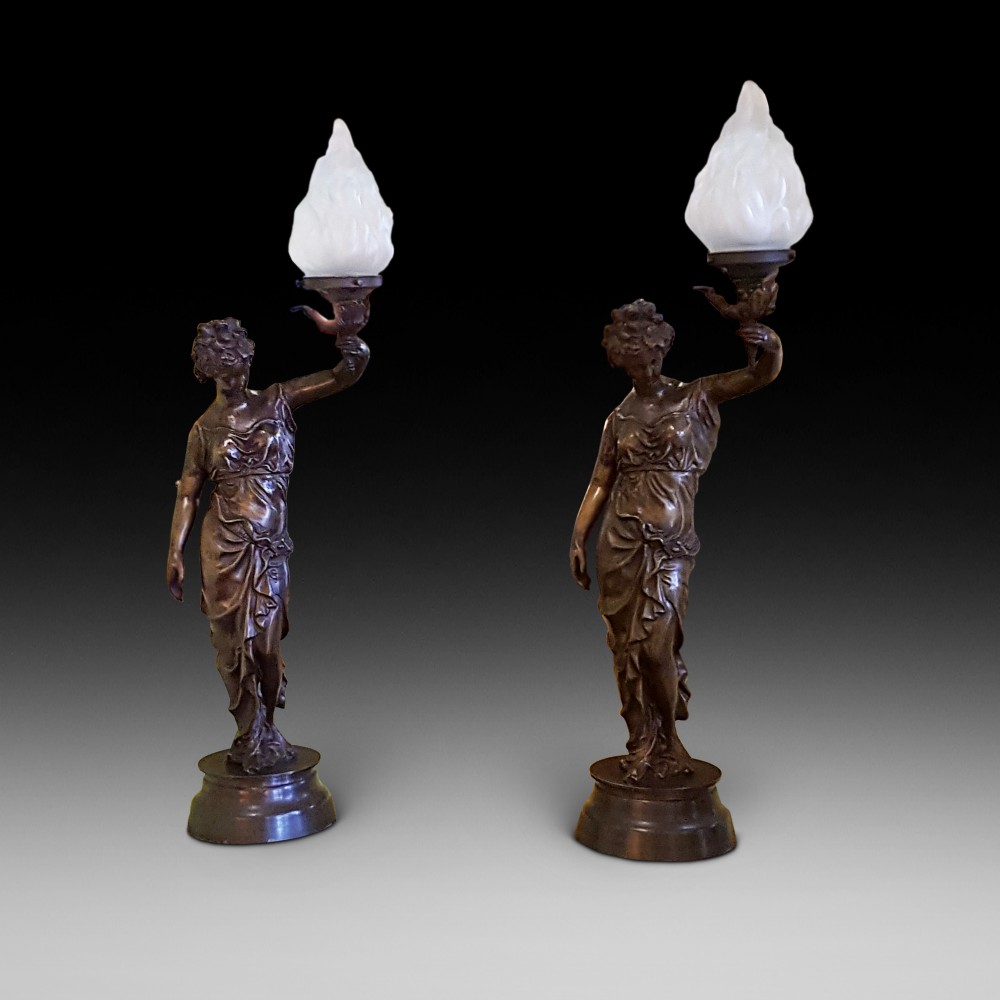 Pair of French Early 20thC Bronze Figural Table Lamps