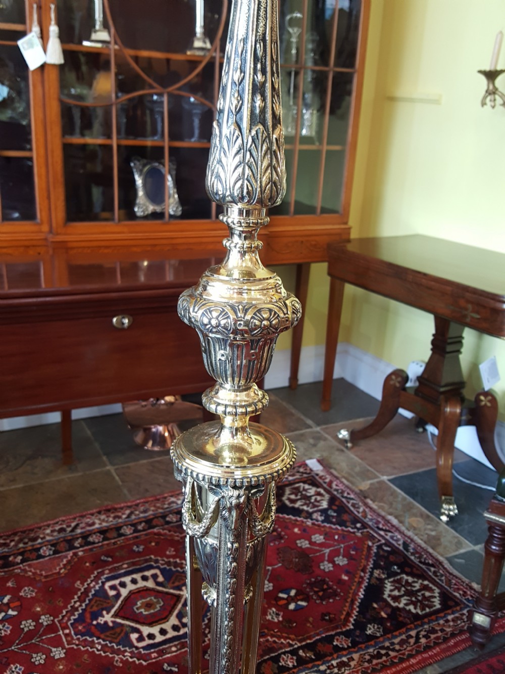 Pair of Edwardian Adam style brass lamp standards View III