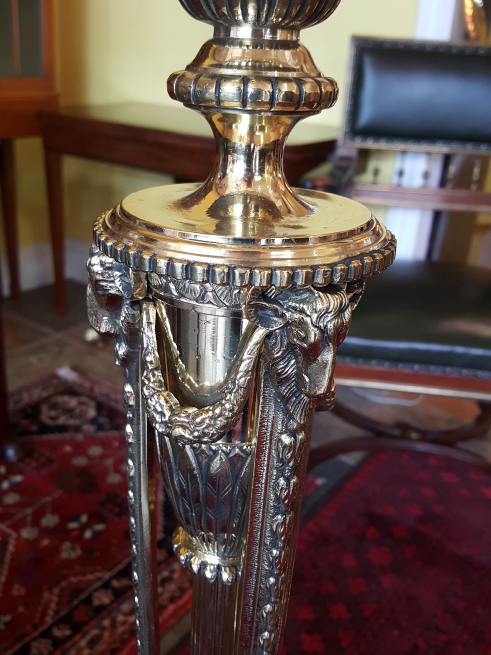 Pair of Edwardian Adam style brass lamp standards View V