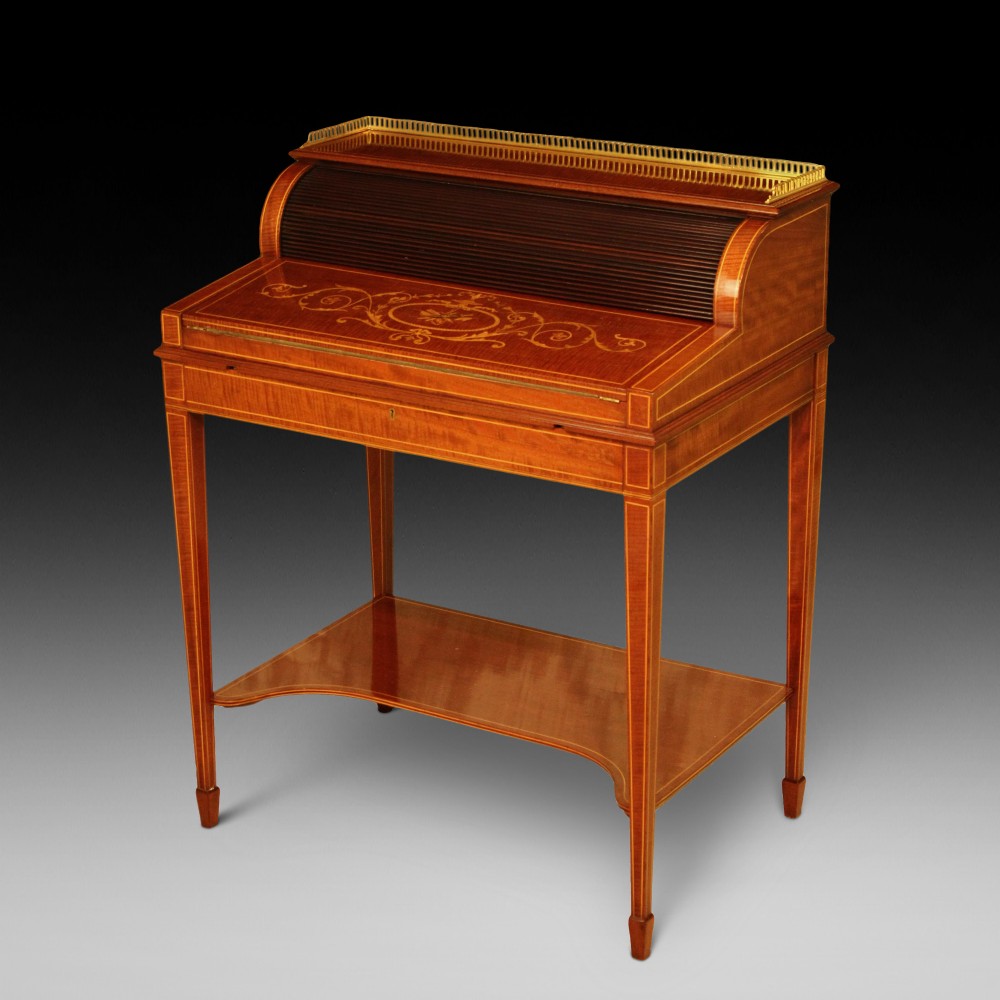 Late Victorian Mahogany Inlaid Cylinder Desk Circa 1890