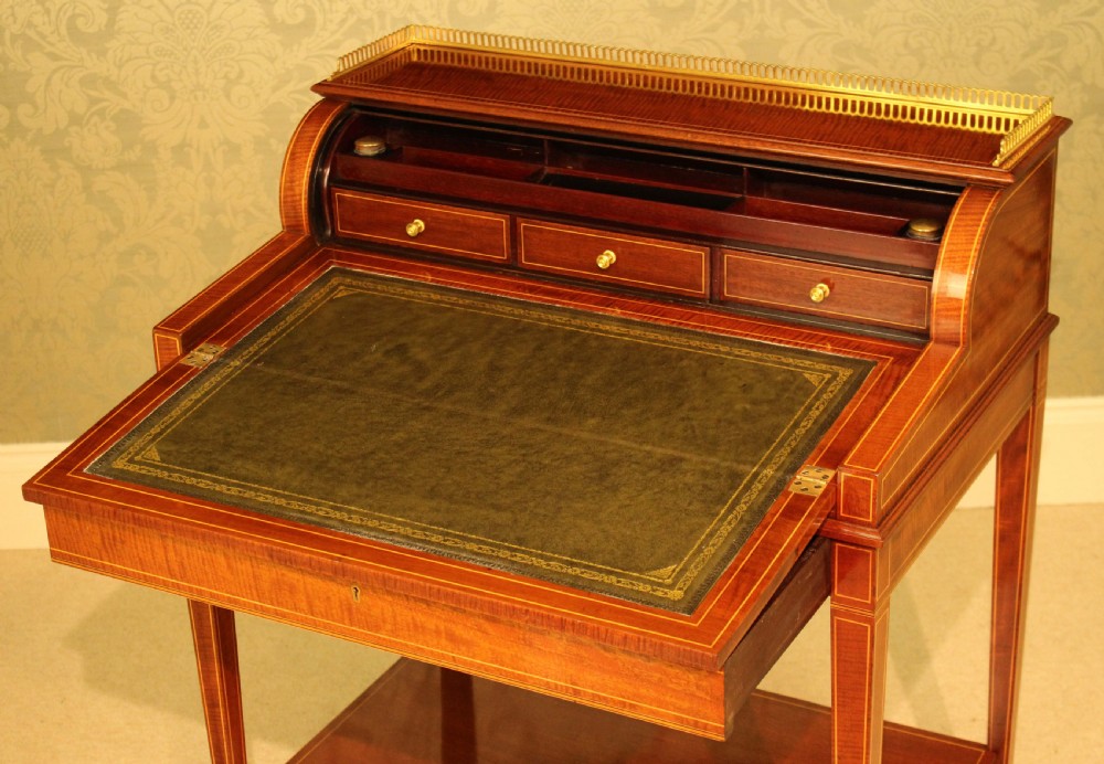 Late Victorian Mahogany Inlaid Cylinder Desk Circa 1890 View II