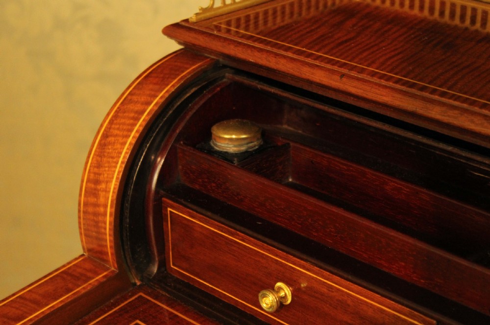 Late Victorian Mahogany Inlaid Cylinder Desk Circa 1890 View IV