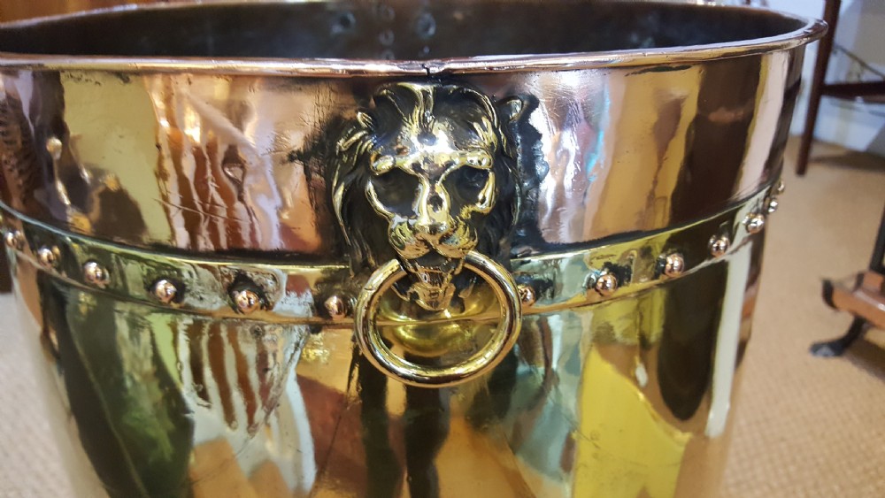 19thC brass and copper cylindrical coal or log bucket View II
