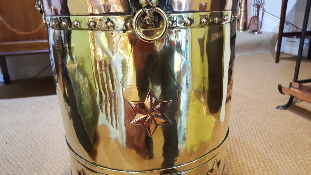 19thC brass and copper cylindrical coal or log bucket View III