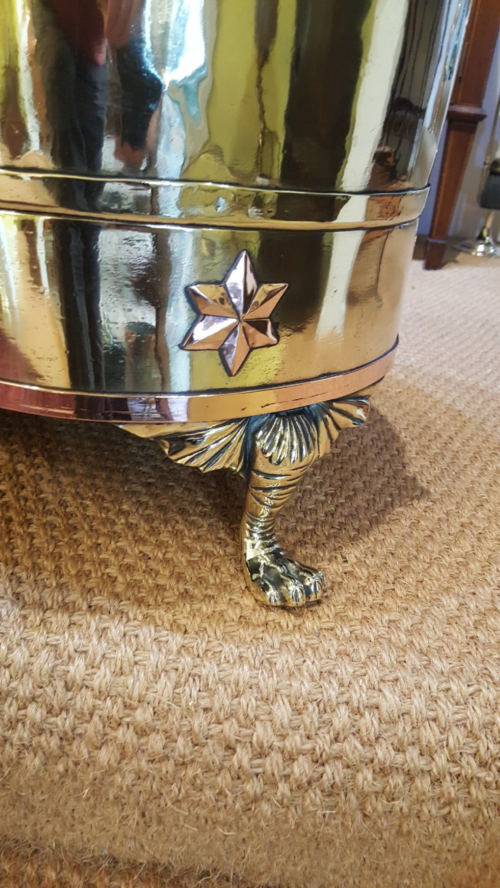 19thC brass and copper cylindrical coal or log bucket View IV