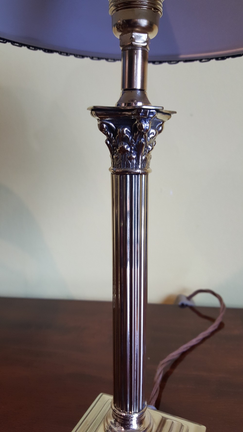 Pair of brass Corinthian column table lamps View V