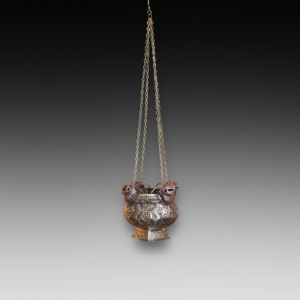 19th century Tibetan brass and copper lions head incense burner 