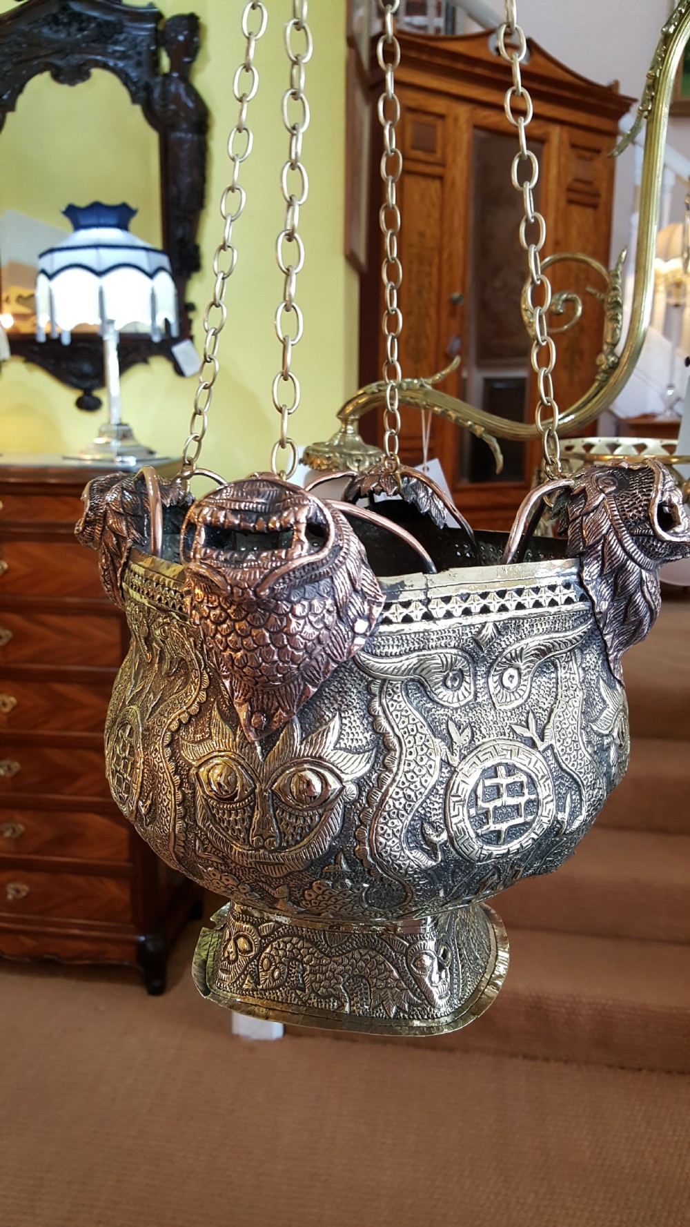 19th century Tibetan brass and copper lions head incense burner  View III